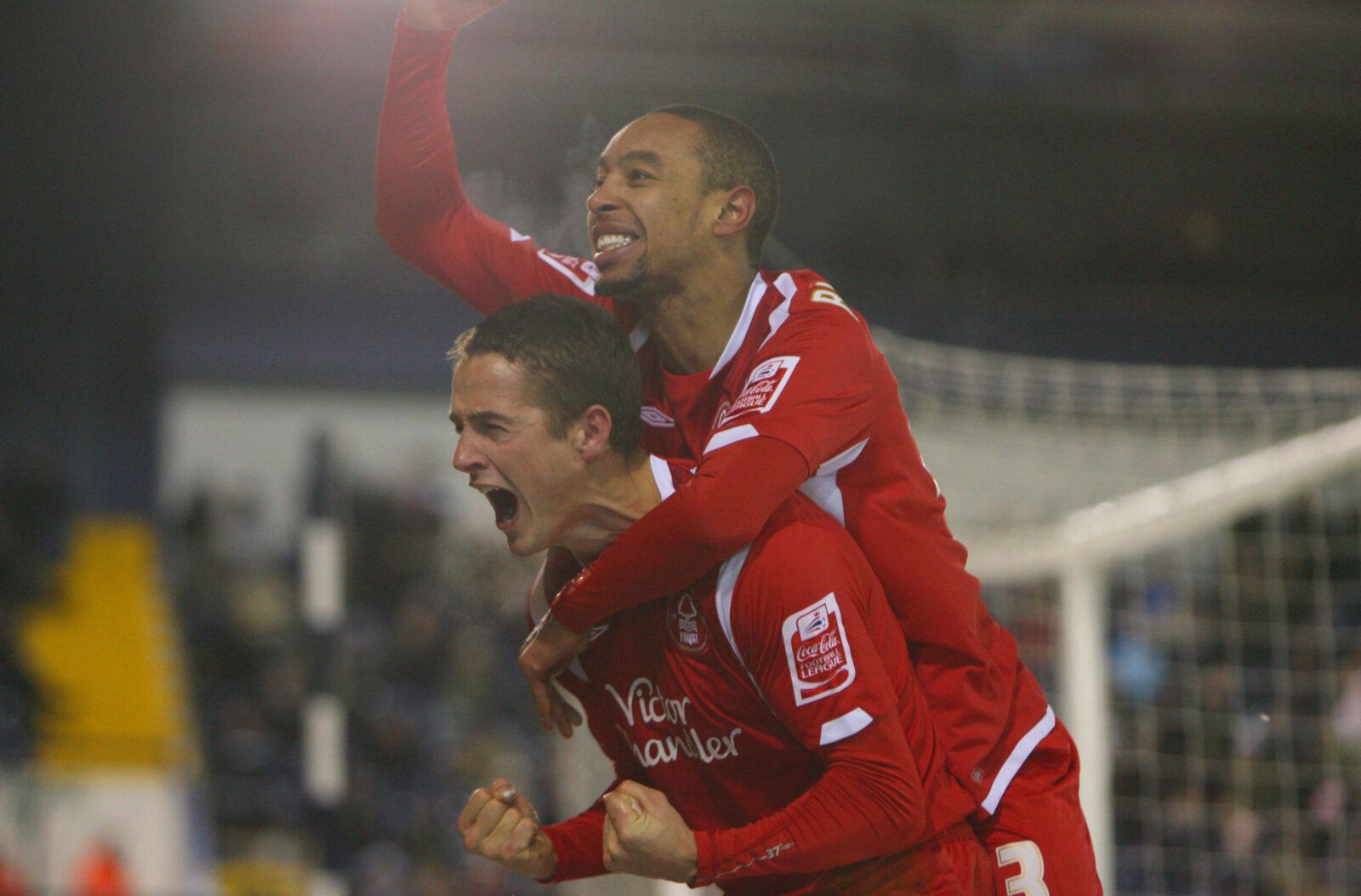 Football - West Bromwich Albion v Nottingham Forest - Coca-Cola Football League Championship - The Hawthorns - 09/10 - 8/1/10 
Chris Cohen (L) - Nottingham Forest celebrates after scoring his teams third goal with Dexter Blackstock 
Mandatory Credit: Action Images / Carl Recine