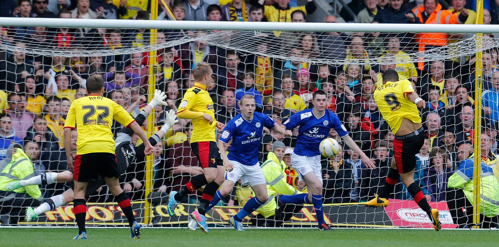 Football - Watford v Leicester City - npower Football League Championship Play-Off Semi Final Second Leg - Vicarage Road - 12/5/13 
Watford's Troy Deeney (R) scoring their third goal  
Mandatory Credit: Action Images / Andrew Couldridge 
Livepic 
EDITORIAL USE ONLY. No use with unauthorized audio, video, data, fixture lists, club/league logos or live services. Online in-match use limited to 45 images, no video emulation. No use in betting, games or single club/league/player publications.  Please