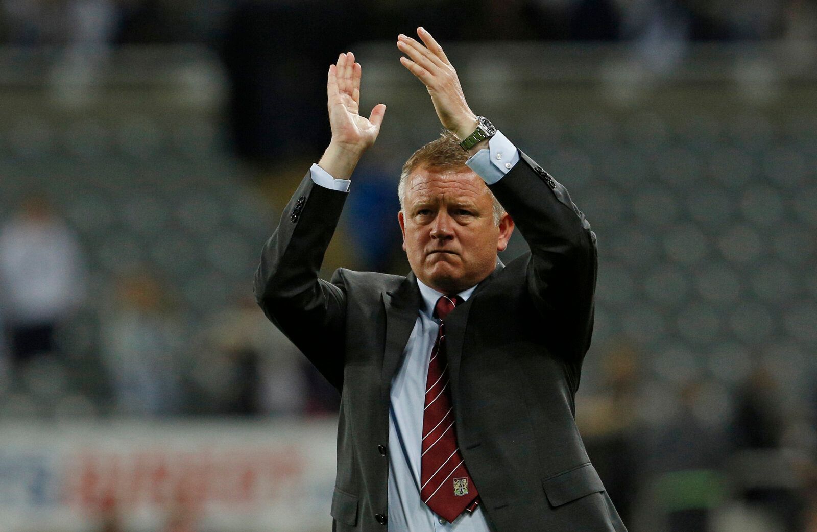 Football - Newcastle United v Northampton Town - Capital One Cup Second Round - St James' Park - 25/8/15 
Northampton manager Chris Wilder applauds the fans at the end of the match 
Mandatory Credit: Action Images / Craig Brough 
Livepic 
EDITORIAL USE ONLY. No use with unauthorized audio, video, data, fixture lists, club/league logos or 