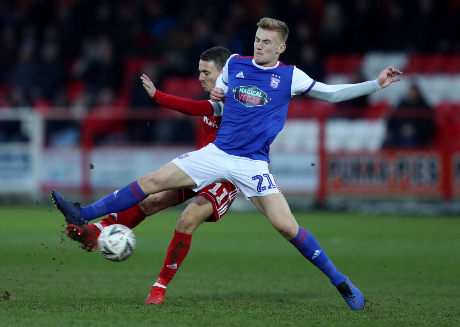 Soccer Football - FA Cup Third Round - Accrington Stanley v Ipswich Town - Wham Stadium, Accrington, Britain - January 5, 2019  Accrington Stanley's Sean McConville in action with Ipswich Town's Flynn Downes      Action Images/John Clifton