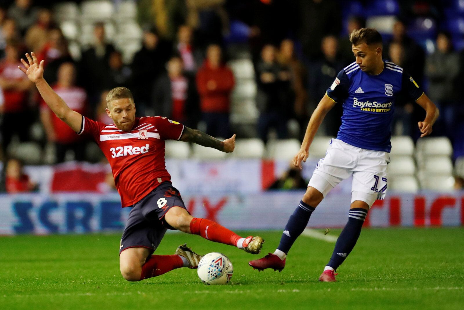 Soccer Football - Championship - Birmingham City v Middlesbrough - St Andrew's, Birmingham, Britain -October 4, 2019   Middlesbrough's Adam Clayton in action with Birmingham's Fran Villalba   Action Images/Andrew Boyers    EDITORIAL USE ONLY. No use with unauthorized audio, video, data, fixture lists, club/league logos or 
