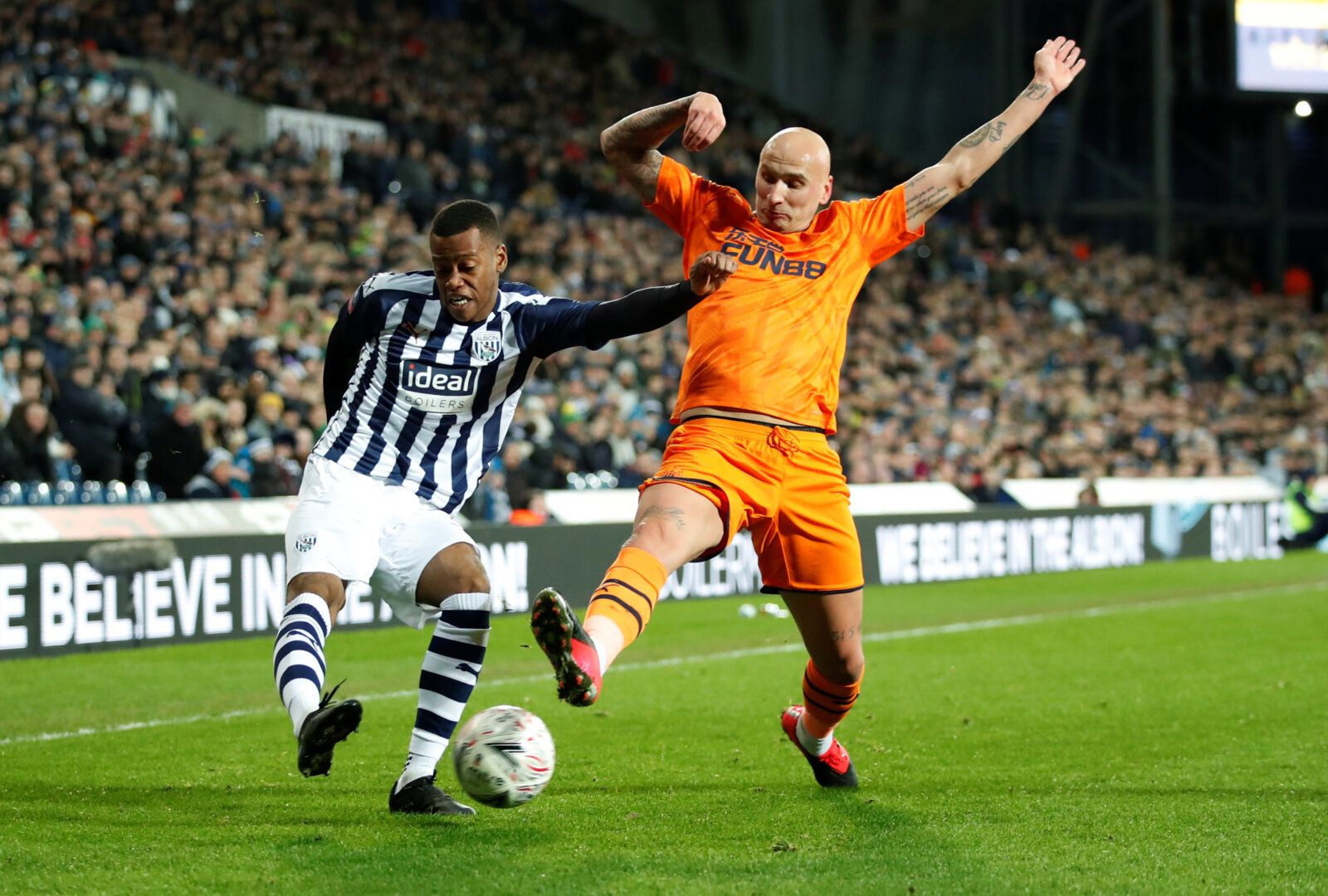 Soccer Football - FA Cup Fifth Round - West Bromwich Albion v Newcastle United - The Hawthorns, West Bromwich, Britain - March 3, 2020  West Bromwich Albion's Rayhaan Tulloch in action with Newcastle United's Jonjo Shelvey   Action Images via Reuters/Andrew Boyers