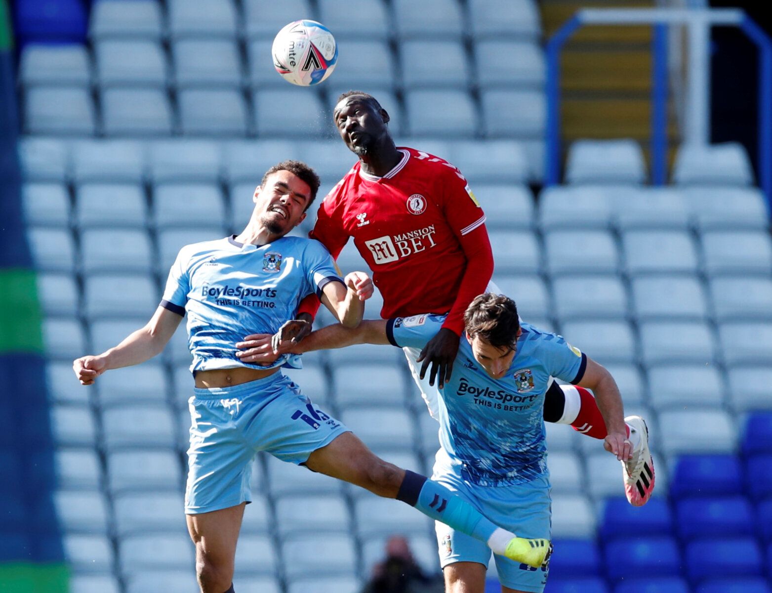 Soccer Football - Championship - Coventry City v Bristol City - St Andrew's, Birmingham, Britain - April 5, 2021  Bristol City's Famara Diedhiou in action with Coventry City's Josh Pask and Matty James  Action Images/Andrew Boyers  EDITORIAL USE ONLY. No use with unauthorized audio, video, data, fixture lists, club/league logos or 