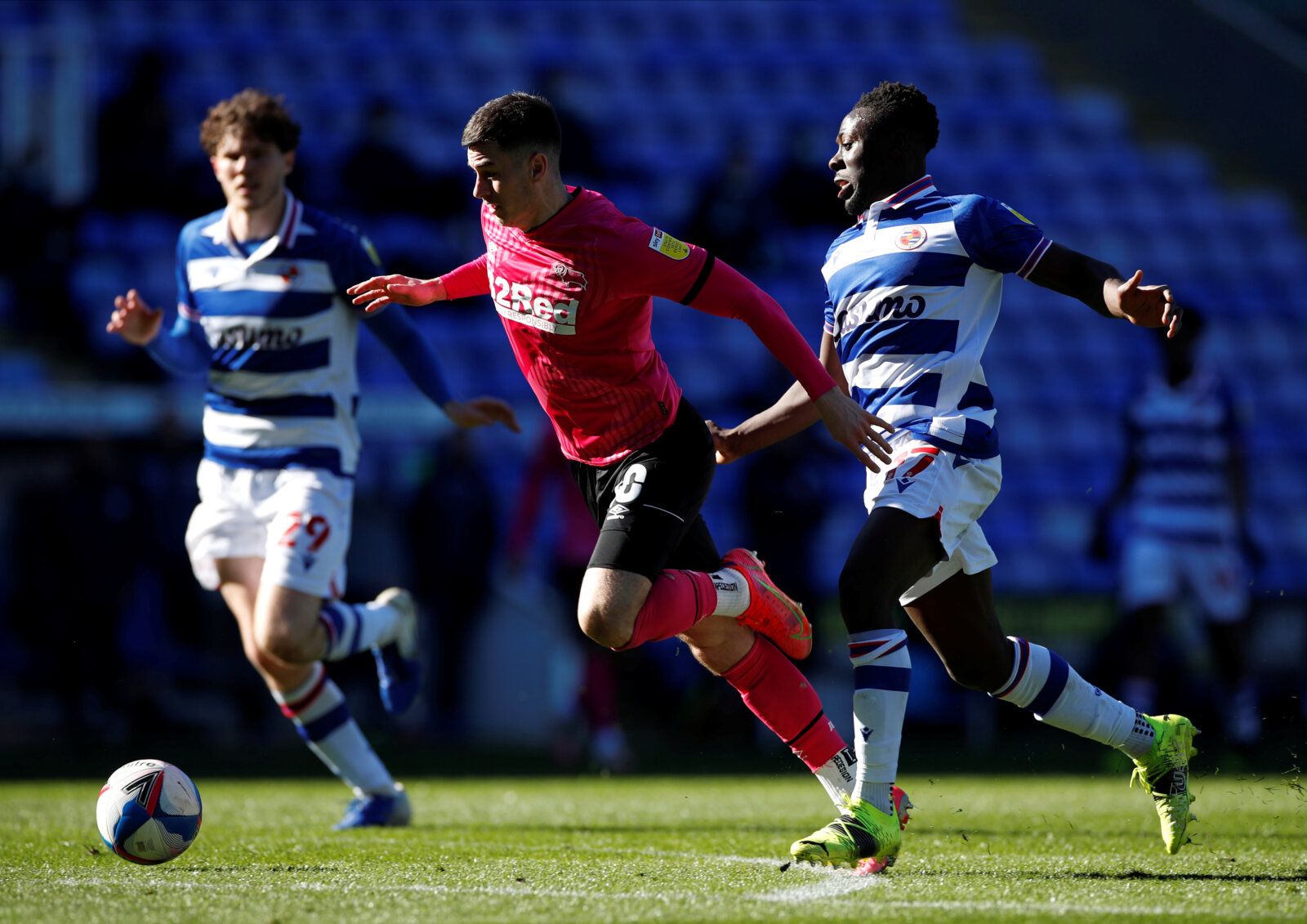 Soccer Football - Championship - Reading v Derby County - Madejski Stadium, Reading, Britain - April 5, 2021  Reading's Tom Lawrence and Derby's Andy Yiadom in action  Action Images/Paul Childs  EDITORIAL USE ONLY. No use with unauthorized audio, video, data, fixture lists, club/league logos or 