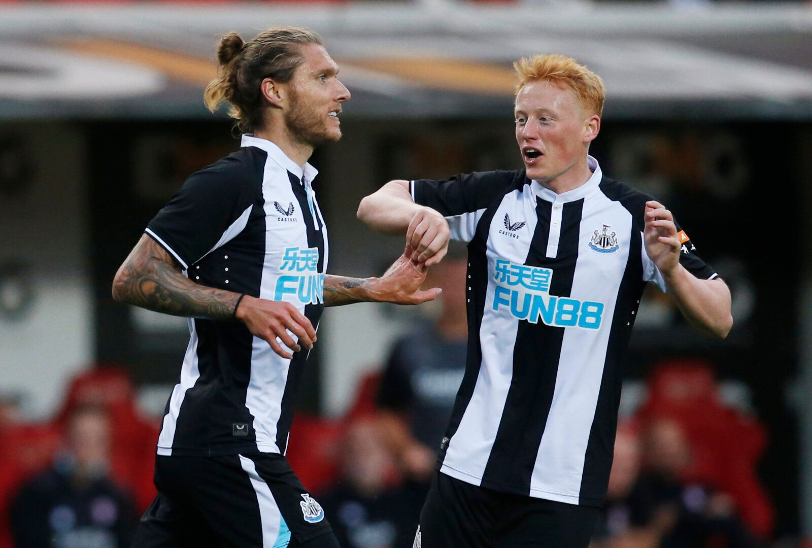 Soccer Football - Pre Season Friendly - Rotherham United v Newcastle United - AESSEAL New York Stadium, Rotherham, Britain - July 27, 2021 Newcastle United's Jeff Hendrick celebrates scoring their first goal with Matty Longstaff Action Images via Reuters/Ed Sykes