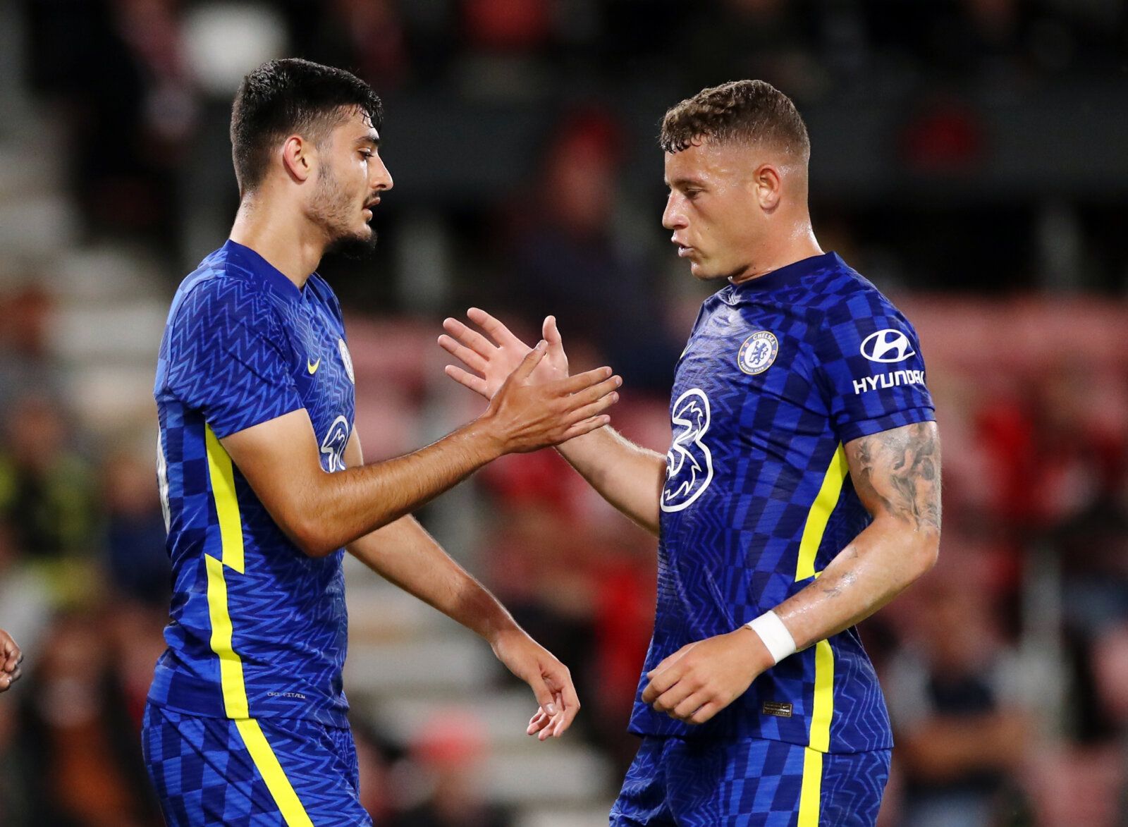 Soccer Football - Pre Season Friendly - AFC Bournemouth v Chelsea - Vitality Stadium, Bournemouth, Britain - July 27, 2021 Chelsea's Armando Broja celebrates scoring their first goal with Ross Barkley Action Images via Reuters/Peter Cziborra