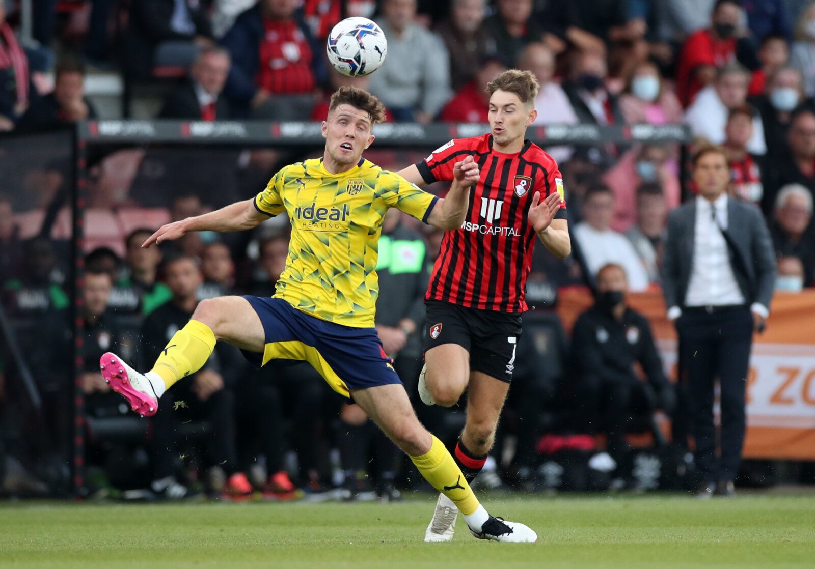 Soccer Football - Championship - AFC Bournemouth v West Bromwich Albion - Vitality Stadium, Bournemouth, Britain - August 6, 2021 Bournemouth´s David Brooks in action with West Bromwich Albion's Dara O'Shea Action Images/Peter Cziborra