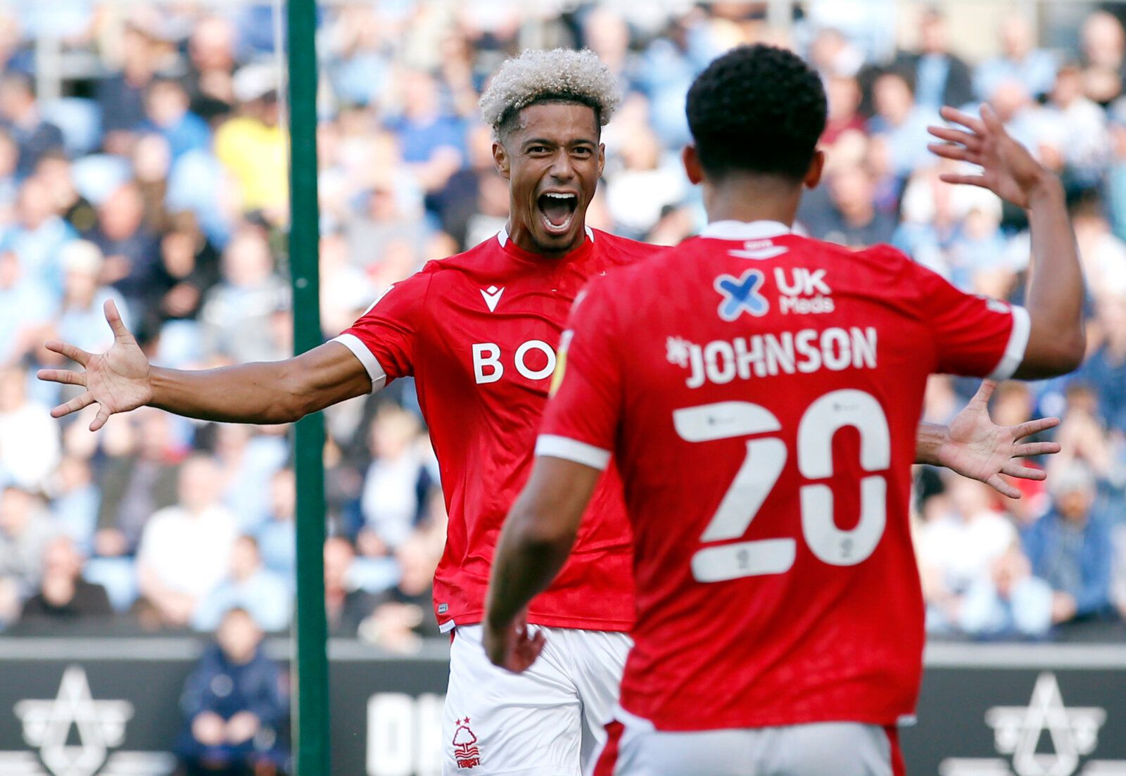 Soccer Football - Championship - Coventry City v Nottingham Forest - Coventry Building Society Arena, Coventry, Britain - August 8, 2021 Nottingham Forest's Lyle Taylor celebrates scoring their first goal with Brennan Johnson Action Images/Ed Sykes