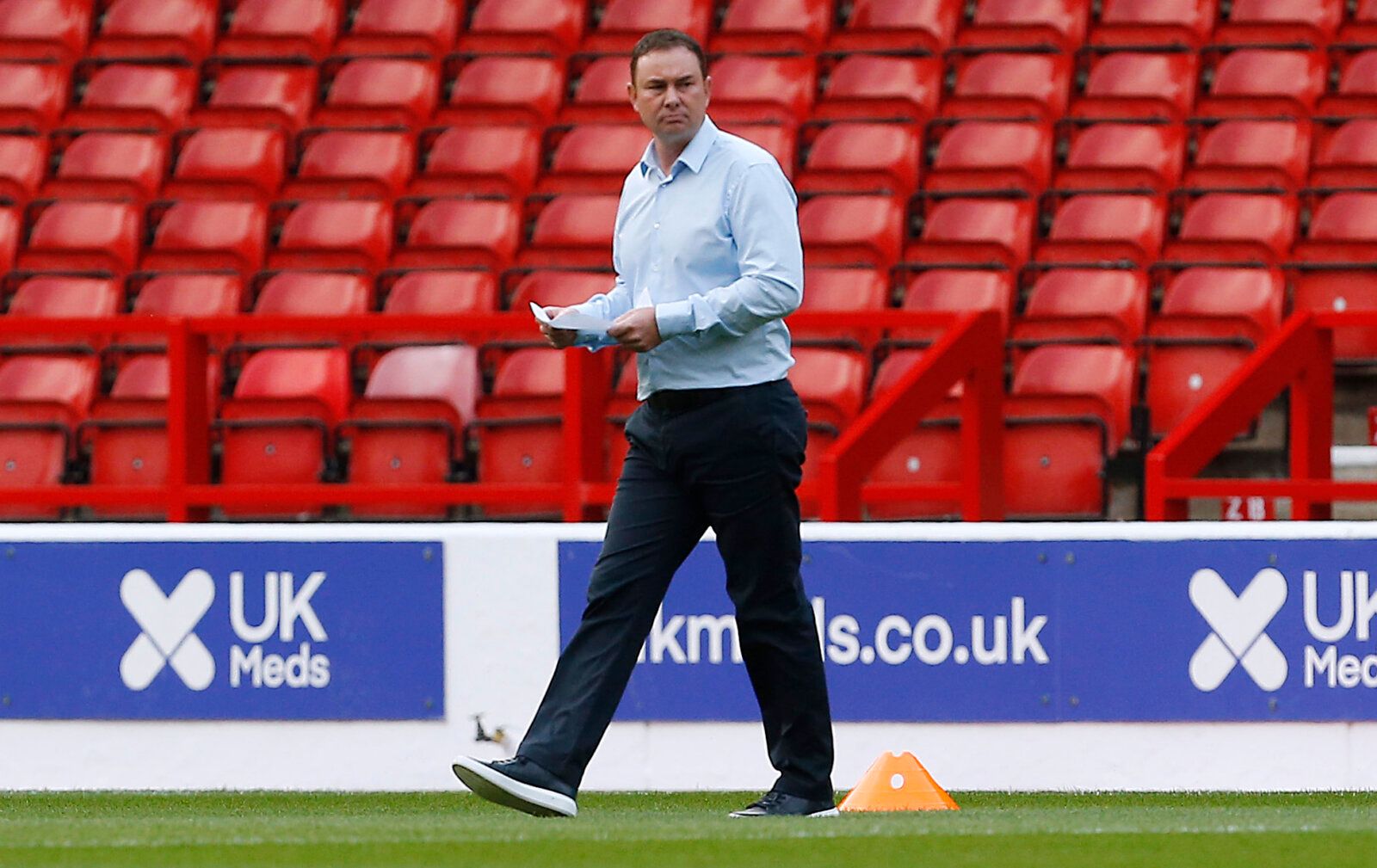 Soccer Football - Carabao Cup - First Round - Nottingham Forest v Bradford City - The City Ground, Nottingham, Britain - August 11, 2021 Bradford City manager Derek Adams on the pitch before the match Action Images/Craig Brough EDITORIAL USE ONLY. No use with unauthorized audio, video, data, fixture lists, club/league logos or 'live' services. Online in-match use limited to 75 images, no video emulation. No use in betting, games or single club /league/player publications.  Please contact your ac
