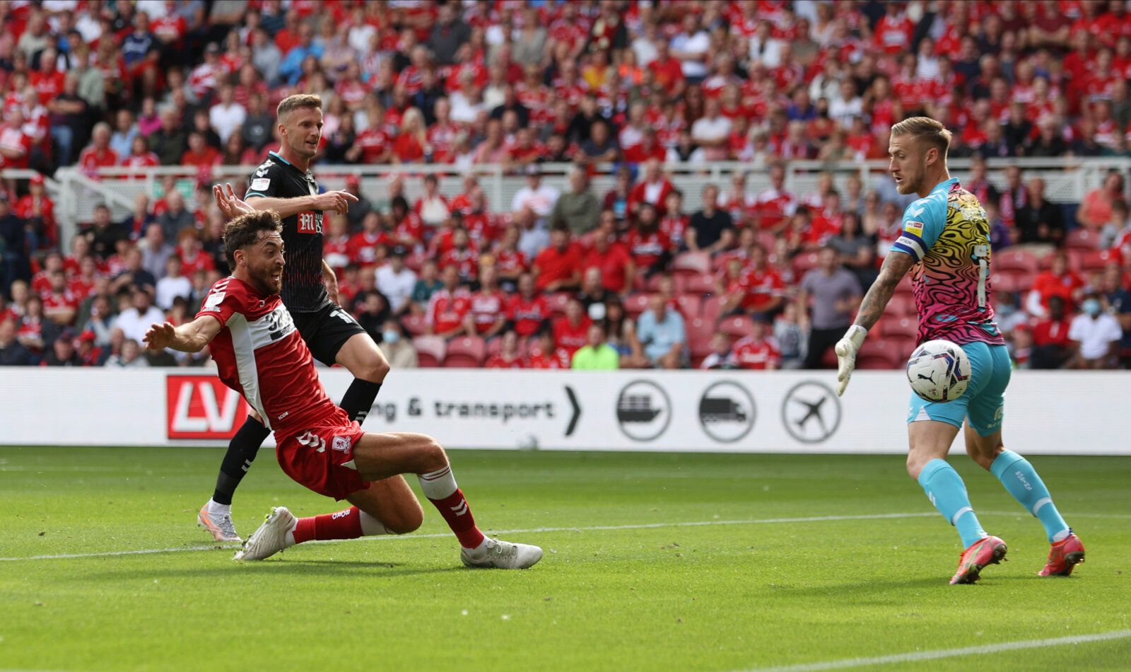 Soccer Football - Championship - Middlesbrough v Bristol City - Riverside Stadium, Middlesbrough, Britain - August 14, 2021 Middlesbrough's Matt Crooks scores their second goal Action Images/Lee Smith EDITORIAL USE ONLY. No use with unauthorized audio, video, data, fixture lists, club/league logos or 'live' services. Online in-match use limited to 75 images, no video emulation. No use in betting, games or single club /league/player publications.  Please contact your account representative for fu