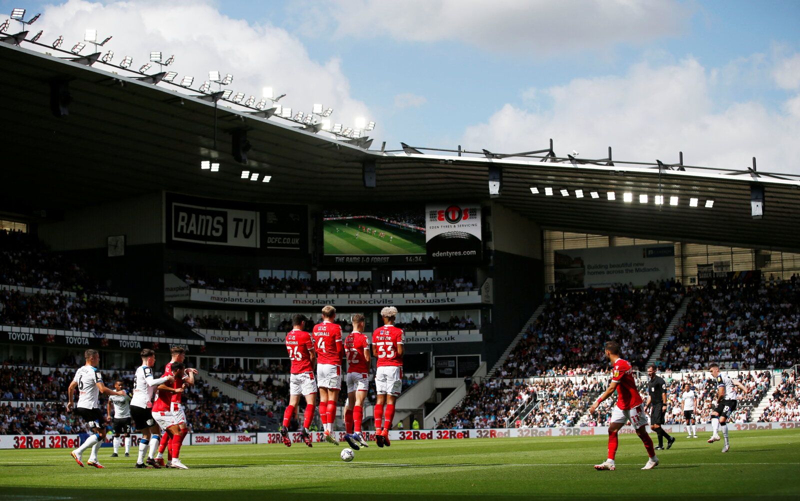 Soccer Football - Championship - Derby County v Nottingham Forest - Pride Park, Derby, Britain - August 28, 2021  General view of a freekick taken by Derby County's Tom Lawrence   Action Images/Craig Brough