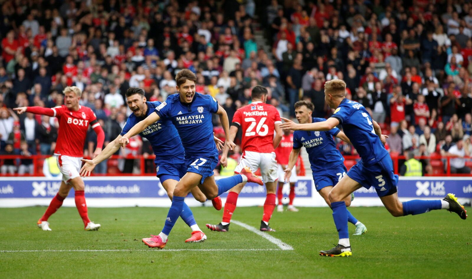 Soccer Football - Championship - Nottingham Forest v Cardiff City - The City Ground, Nottingham, Britain - September 12, 2021  Cardiff City's Ruben Colwill celebrates scoring their first goal with teammates   Action Images/Ed Sykes