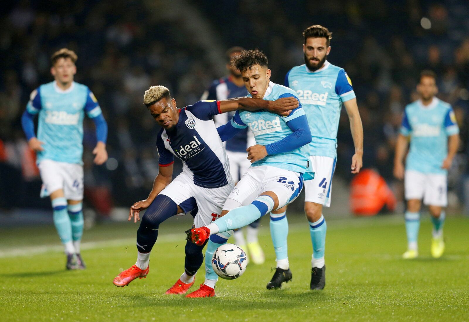 Soccer Football - Championship - West Bromwich Albion v Derby County - The Hawthorns, West Bromwich, Britain - September 14, 2021 West Bromwich Albion's Grady Diangana in action with Derby County's Lee Buchanan Action Images/Ed Sykes