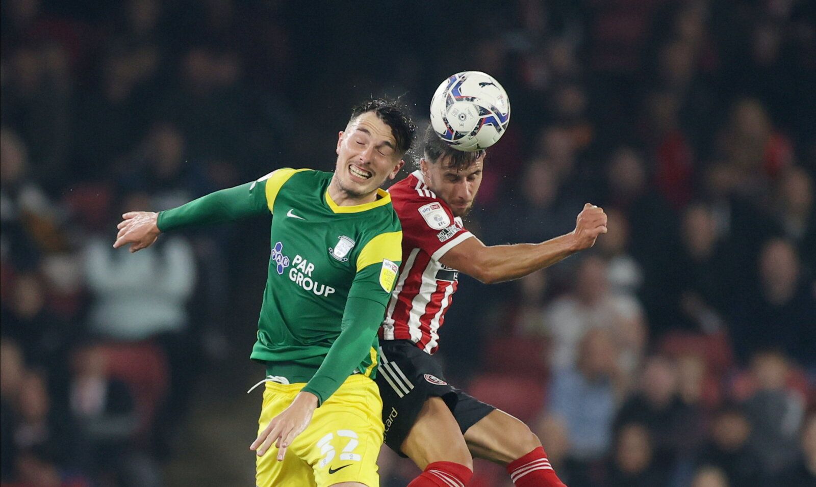 Soccer Football - Championship - Sheffield United v Preston North End - Bramall Lane, Sheffield, Britain - September 14, 2021 Sheffield United's George Baldock in action with Preston North End's Josh Earl Action Images/Lee Smith