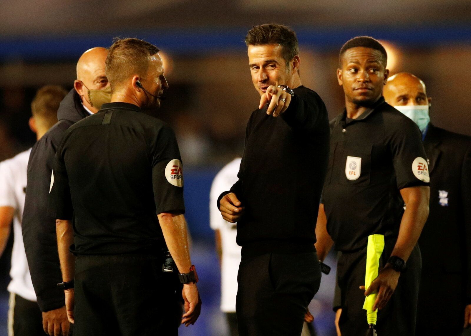 Soccer Football - Championship - Birmingham City v Fulham - St Andrew's, Birmingham, Britain - September 15, 2021 Fulham's manager Marco Silva speaks to the referee at the final whistle  Action Images/Andrew Boyers  EDITORIAL USE ONLY. No use with unauthorized audio, video, data, fixture lists, club/league logos or 