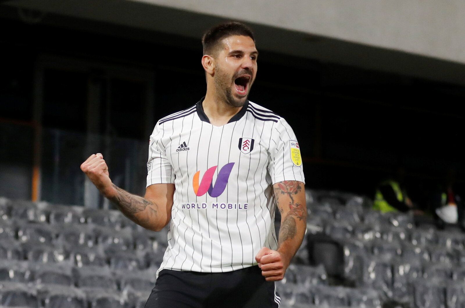 Soccer Football - Championship - Fulham v Swansea City - Craven Cottage, London, Britain - September 29, 2021 Fulham's Aleksandar Mitrovic celebrates scoring their third goal and his hat-trick  Action Images/Matthew Childs  EDITORIAL USE ONLY. No use with unauthorized audio, video, data, fixture lists, club/league logos or 