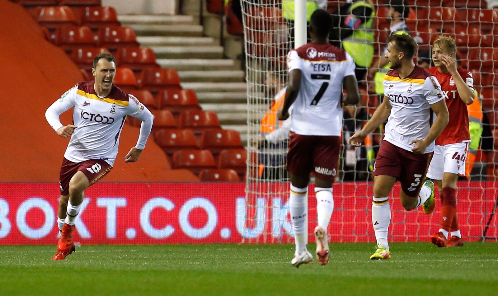 Soccer Football - Carabao Cup - First Round - Nottingham Forest v Bradford City - The City Ground, Nottingham, Britain - August 11, 2021 Bradford City's Callum Cooke celebrates scoring their first goal Action Images/Craig Brough EDITORIAL USE ONLY. No use with unauthorized audio, video, data, fixture lists, club/league logos or 'live' services. Online in-match use limited to 75 images, no video emulation. No use in betting, games or single club /league/player publications.  Please contact your a