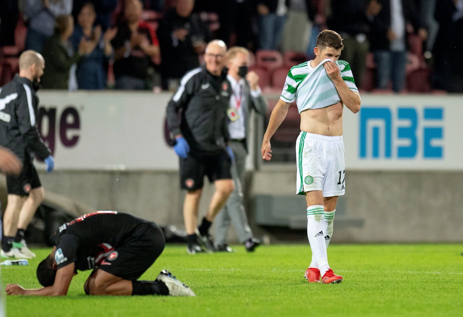 Soccer Football - Champions League - Second Qualifying Round - Second Leg - FC Midtjylland v Celtic - MCH Arena, Herning, Denmark - July 28, 2021 Celtic's Ryan Christie looks dejected after the match Bo Amstrup/Ritzau Scanpix via REUTERS      ATTENTION EDITORS - THIS IMAGE WAS PROVIDED BY A THIRD PARTY. DENMARK OUT. NO COMMERCIAL OR EDITORIAL SALES IN DENMARK.