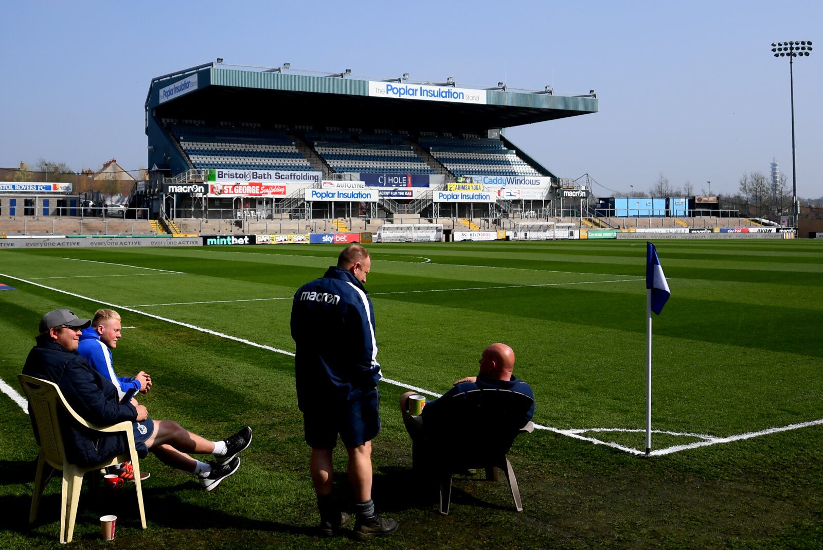 BRISTOL, ENGLAND - MARCH 30: Members of the Bristol Rovers Ground-staff relax prior to the Sky Bet League One match between Bristol Rovers and Luton Town at Memorial Stadium on March 30, 2019 in Bristol, United Kingdom. (Photo by Alex Davidson/Getty Images)