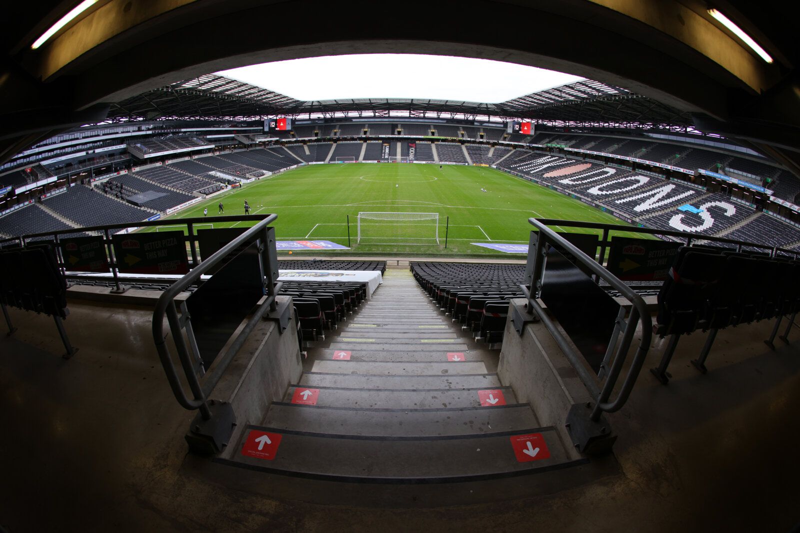 MILTON KEYNES, ENGLAND - MARCH 27: A general view inside the stadium before the Sky Bet League One match between Milton Keynes Dons and Doncaster Rovers at Stadium mk on March 27, 2021 in Milton Keynes, England. Sporting stadiums around the UK remain under strict restrictions due to the Coronavirus Pandemic as Government social distancing laws prohibit fans inside venues resulting in games being played behind closed doors. (Photo by Richard Heathcote/Getty Images)