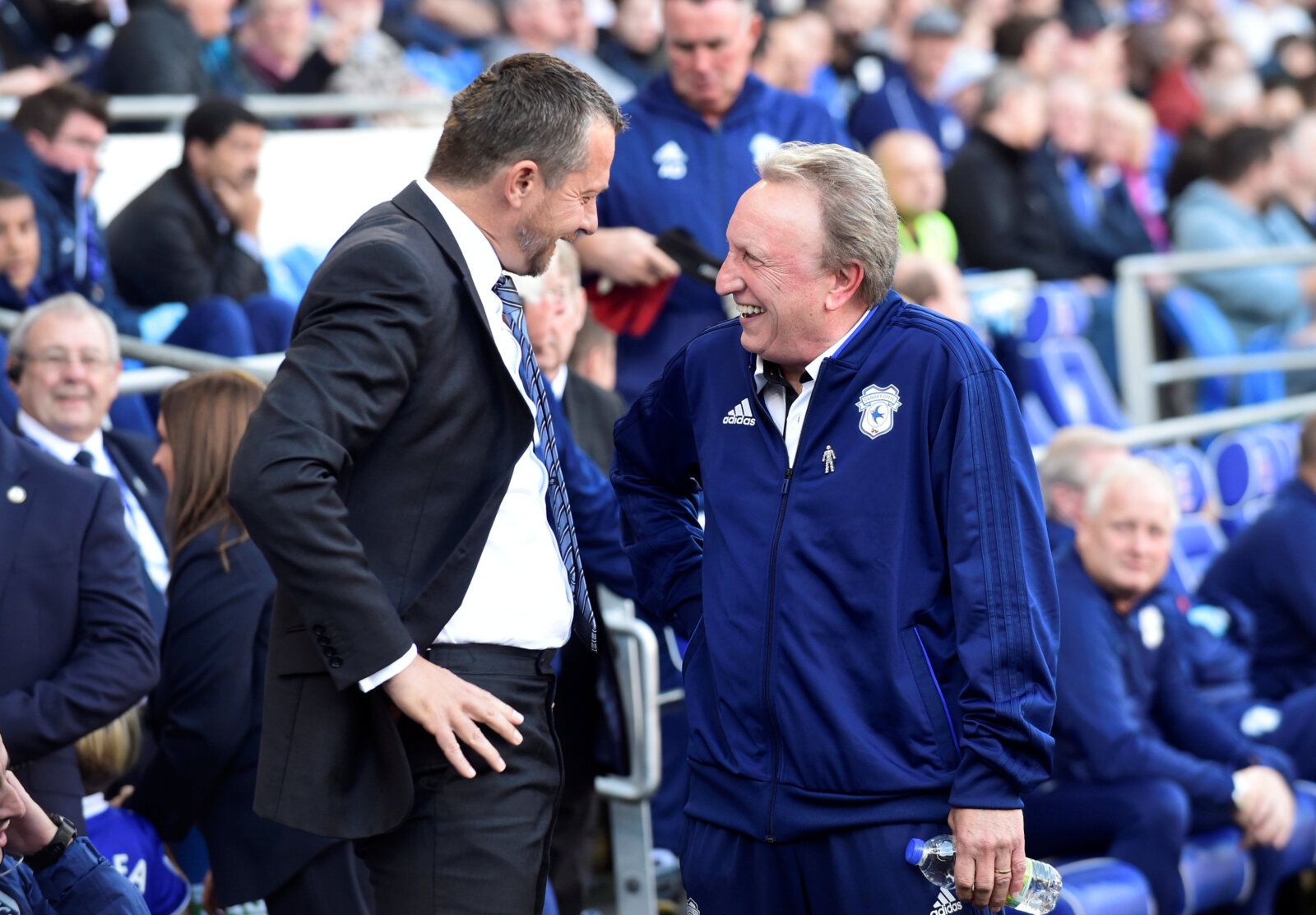 Soccer Football - Premier League - Cardiff City v Fulham - Cardiff City Stadium, Cardiff, Britain - October 20, 2018  Fulham manager Slavisa Jokanovic with Cardiff City manager Neil Warnock before the match    REUTERS/Rebecca Naden  EDITORIAL USE ONLY. No use with unauthorized audio, video, data, fixture lists, club/league logos or 