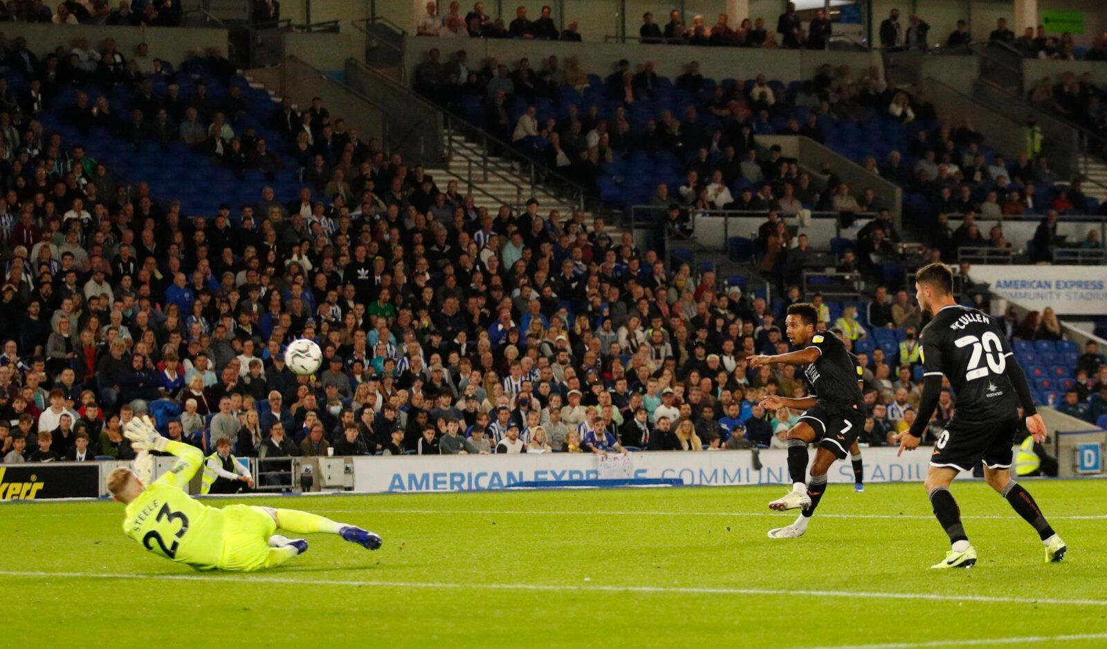 Soccer Football - Carabao Cup - Third Round - Brighton &amp; Hove Albion v Swansea City - The American Express Community Stadium, Brighton, Britain - September 22, 2021 Swansea City's Korey Smith shoots at goal Action Images via Reuters/Andrew Boyers EDITORIAL USE ONLY. No use with unauthorized audio, video, data, fixture lists, club/league logos or 'live' services. Online in-match use limited to 75 images, no video emulation. No use in betting, games or single club /league/player publications. 