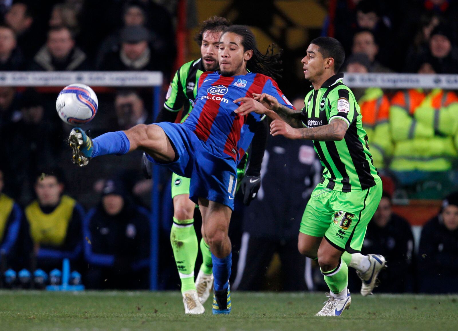 Football - Crystal Palace v Brighton &amp; Hove Albion npower Football League Championship  - Selhurst Park  - 31/1/12 
Crystal Palace's Sean Scannell (C)and Brighton and Hove Albion's Inigo Calderon (L) and Liam Bridcutt in action 
Mandatory Credit: Action Images / Jed Leicester 
Livepic 
EDITORIAL USE ONLY. No use with unauthorized audio, video, data, fixture lists, club/league logos or live services. Online in-match use limited to 45 images, no video emulation. No use in betting, games or sin