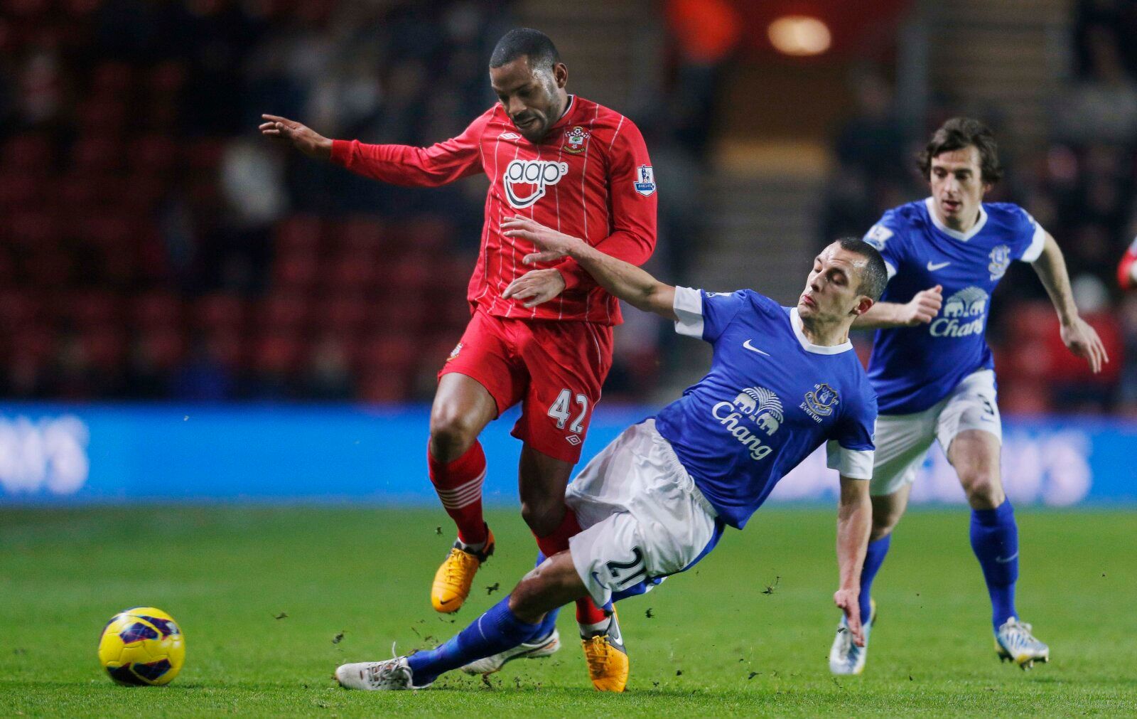 Football - Southampton v Everton - Barclays Premier League  - St Mary's Stadium - 21/1/13 
Southampton's Jason Puncheon (L) and Everton's Leon Osman in action 
Mandatory Credit: Action Images / Andrew Couldridge 
Livepic 
EDITORIAL USE ONLY. No use with unauthorized audio, video, data, fixture lists, club/league logos or live services. Online in-match use limited to 45 images, no video emulation. No use in betting, games or single club/league/player publications.  Please contact your account rep