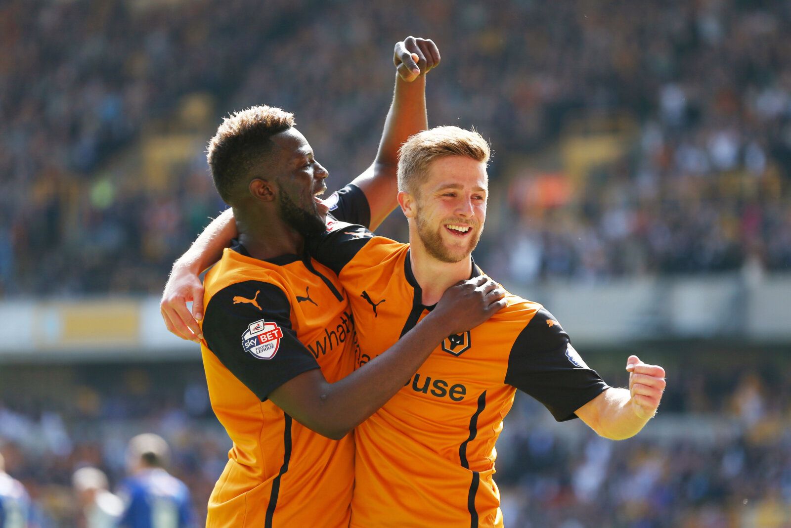 Football - Wolverhampton Wanderers v Carlisle United - Sky Bet Football League One - Molineux - 3/5/14 
Michael Jacobs (R) celebrates with Bakary Sako after scoring the second goal for Wolves 
Mandatory Credit: Action Images / Henry Browne 
Livepic 
EDITORIAL USE ONLY. No use with unauthorized audio, video, data, fixture lists, club/league logos or 