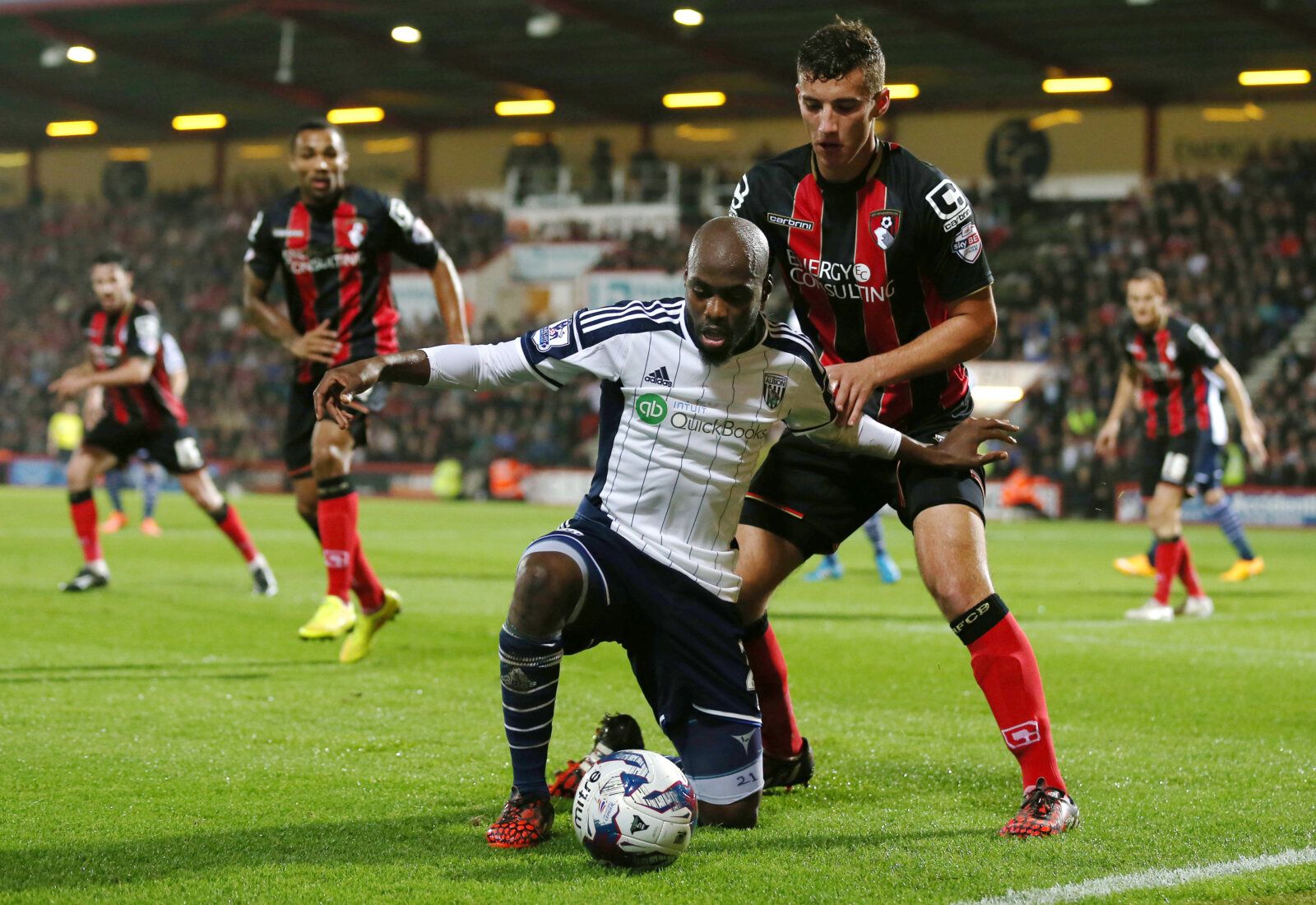 Football - AFC Bournemouth v West Bromwich Albion - Capital One Cup Fourth Round - Goldsands Stadium, Dean Court - 28/10/14 
Bournemouth's Baily Cargill in action against West Brom's Youssouf Mulumbu (L) 
Mandatory Credit: Action Images / Peter Cziborra 
Livepic 
EDITORIAL USE ONLY. No use with unauthorized audio, video, data, fixture lists, club/league logos or 