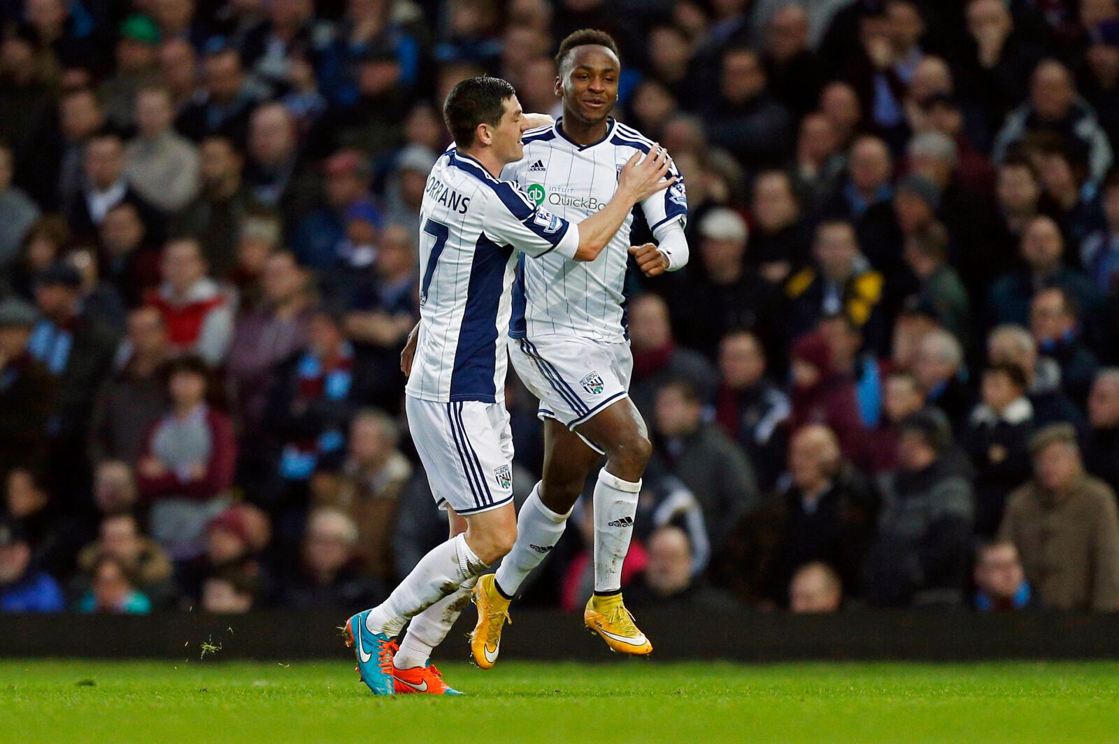 Football - West Ham United v West Bromwich Albion - Barclays Premier League - Upton Park - 1/1/15 
West Brom's Saido Berahino (R) celebrates scoring their first goal with Graham Dorrans 
Mandatory Credit: Action Images / Paul Harding 
Livepic 
EDITORIAL USE ONLY. No use with unauthorized audio, video, data, fixture lists, club/league logos or 