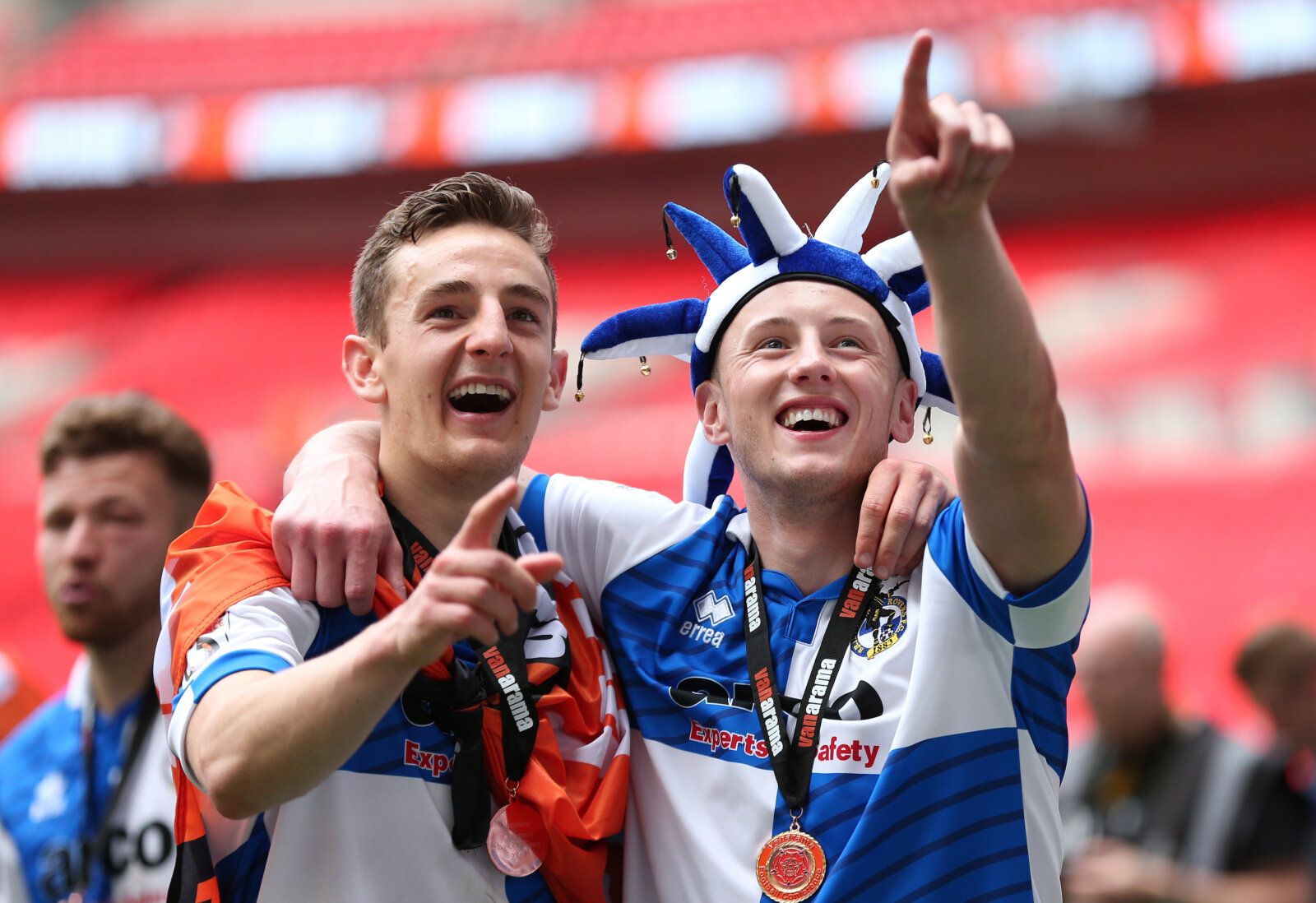 Football - Bristol Rovers v Grimsby Town - Vanarama Conference Play-Off Final - Wembley Stadium - 17/5/15 
Bristol Rovers' Tom Lockyer (L) and Ollie Clarke (R) celebrate after being promoted to Sky Bet League Two 
Mandatory Credit: Action Images / Matthew Childs 
Livepic 
EDITORIAL USE ONLY.