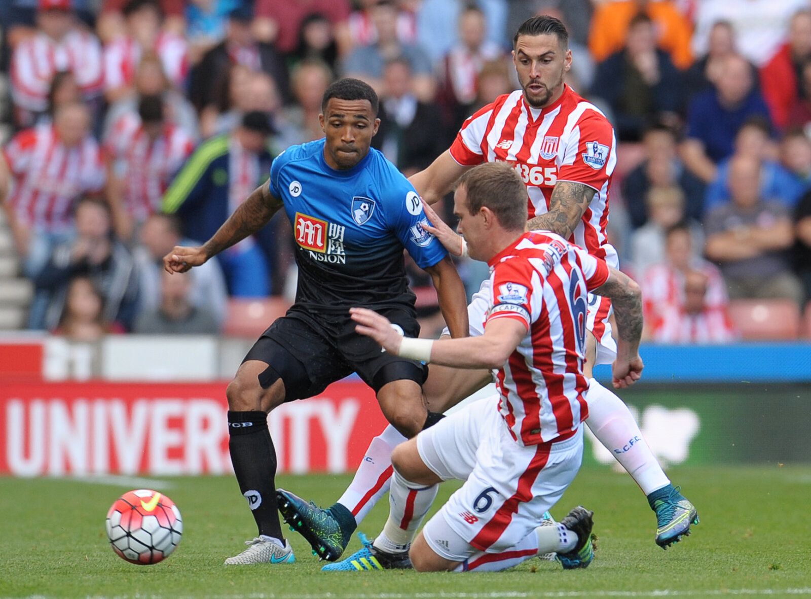 Football - Stoke City v AFC Bournemouth - Barclays Premier League - Britannia Stadium - 26/9/15 
Bournemouth's Callum Wilson is challenged by Stoke's Glenn Whelan and Geoff Cameron 
Mandatory Credit: Action Images / Paul Burrows 
Livepic 
EDITORIAL USE ONLY. No use with unauthorized audio, video, data, fixture lists, club/league logos or 
