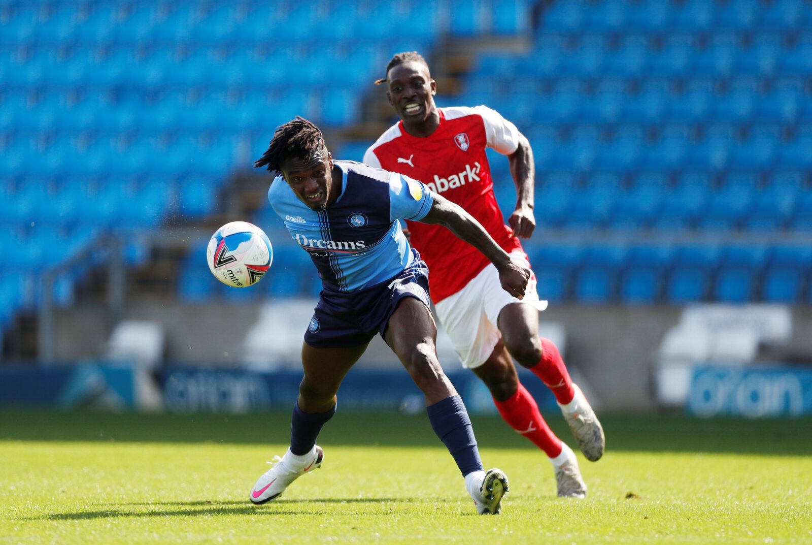 Soccer Football - Championship - Wycombe Wanderers v Rotherham United - Adams Park, High Wycombe, Britain - September 12, 2020  Wycombe WanderersÕ Anthony Stewart in action with Rotherham UnitedÕs Freddie Ladapo  Action Images/Matthew Childs  EDITORIAL USE ONLY. No use with unauthorized audio, video, data, fixture lists, club/league logos or 