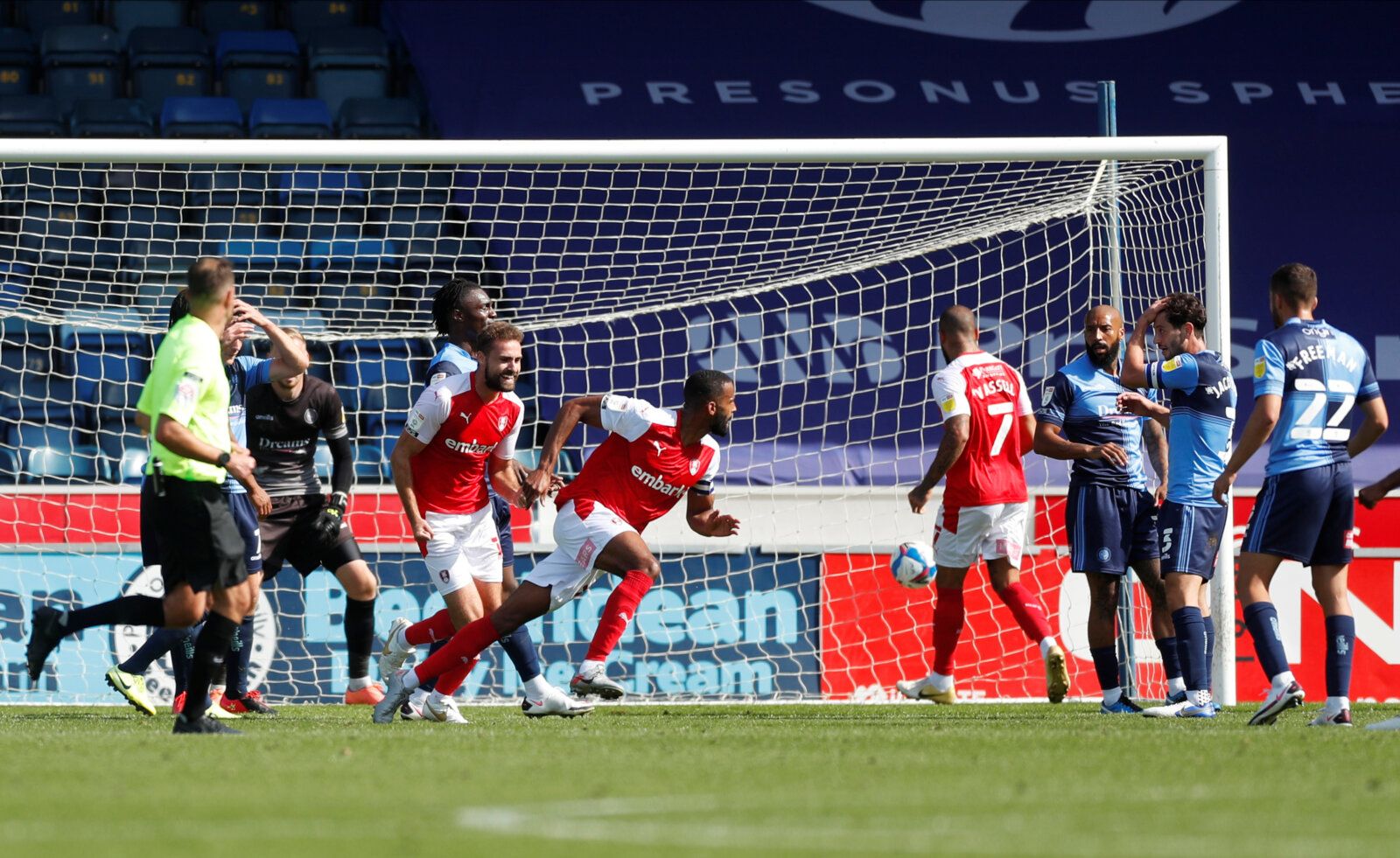 Soccer Football - Championship - Wycombe Wanderers v Rotherham United - Adams Park, High Wycombe, Britain - September 12, 2020   Rotherham United’s Michael Ihiekwe celebrates scoring their first goal   Action Images/Matthew Childs    EDITORIAL USE ONLY. No use with unauthorized audio, video, data, fixture lists, club/league logos or 