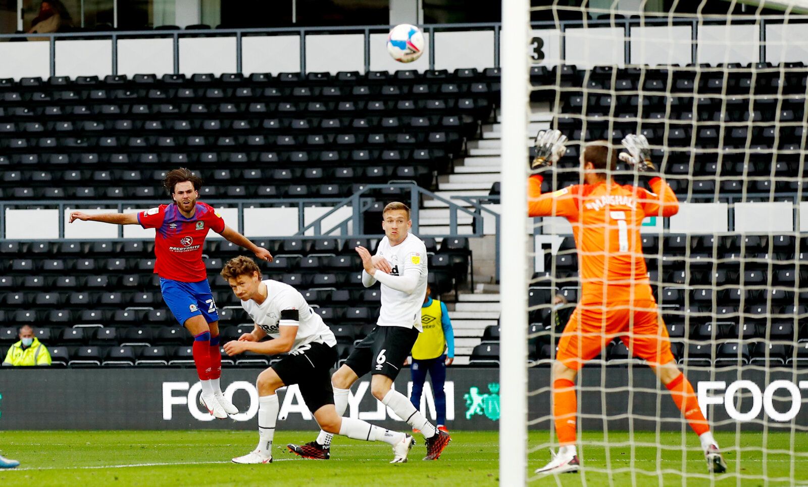Soccer Football - Championship - Derby County v Blackburn Rovers - Pride Park, Derby, Britain - September 26, 2020  Blackburn Rovers' Ben Brereton shoots at goal   Action Images/Jason Cairnduff  EDITORIAL USE ONLY. No use with unauthorized audio, video, data, fixture lists, club/league logos or 