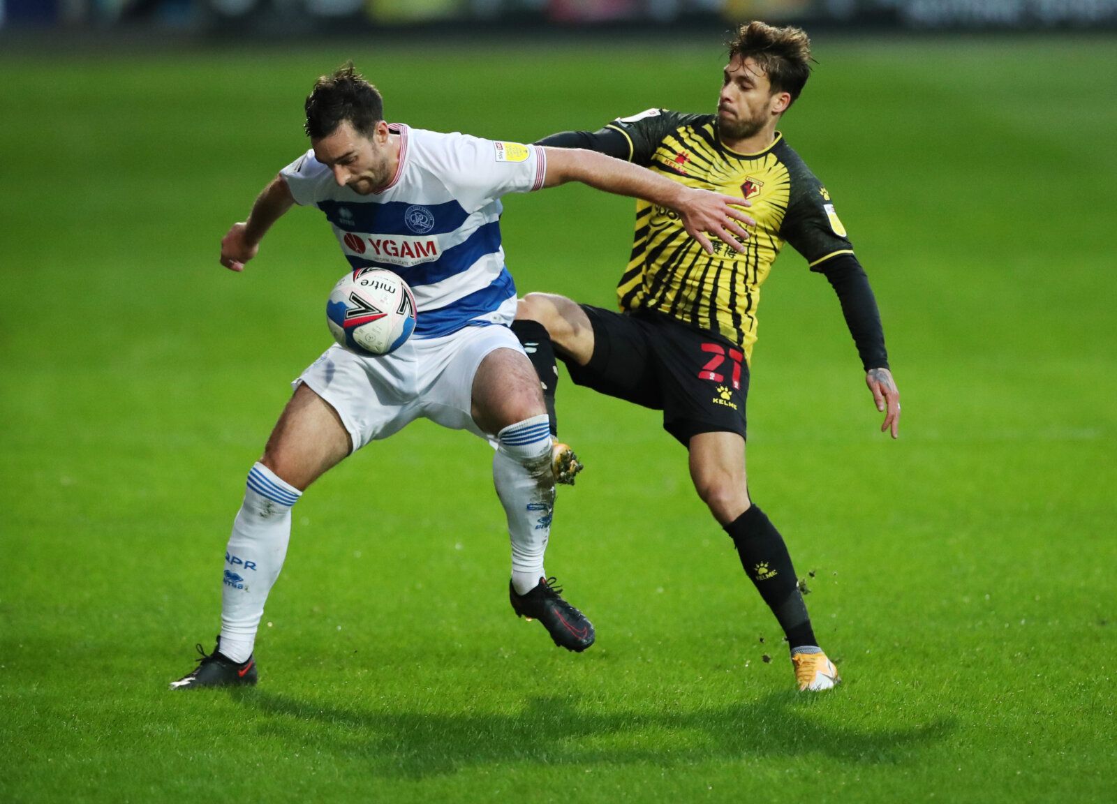 Soccer Football - Championship - Queens Park Rangers v Watford - Loftus Road, London, Britain - November 21, 2020 QPR's Lee Wallace in action with Watford's Kiko Action Images/Peter Cziborra EDITORIAL USE ONLY. No use with unauthorized audio, video, data, fixture lists, club/league logos or 'live' services. Online in-match use limited to 75 images, no video emulation. No use in betting, games or single club /league/player publications.  Please contact your account representative for further deta