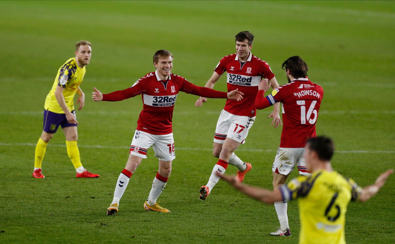 Soccer Football - Championship - Middlesbrough v Huddersfield Town - Riverside Stadium, Middlesbrough, Britain - February 16, 2021  Middlesbrough's Duncan Watmore celebrates scoring their first goal Action Images/Lee Smith EDITORIAL USE ONLY. No use with unauthorized audio, video, data, fixture lists, club/league logos or 'live' services. Online in-match use limited to 75 images, no video emulation. No use in betting, games or single club /league/player publications.  Please contact your account