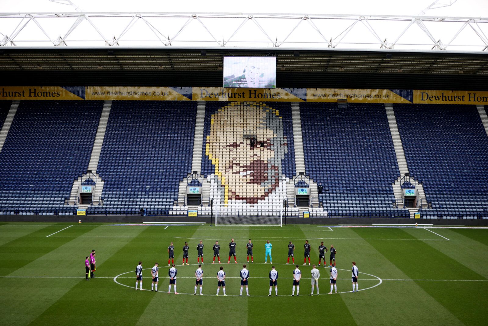 Soccer Football - Championship - Preston North End v Brentford - Deepdale, Preston, Britain - April 10, 2021 General view of the big screen displaying an image of Britain's Prince Philip, husband of Queen Elizabeth, died at the age of 99 Action Images via Reuters/Molly Darlington EDITORIAL USE ONLY. No use with unauthorized audio, video, data, fixture lists, club/league logos or 'live' services. Online in-match use limited to 75 images, no video emulation. No use in betting, games or single club