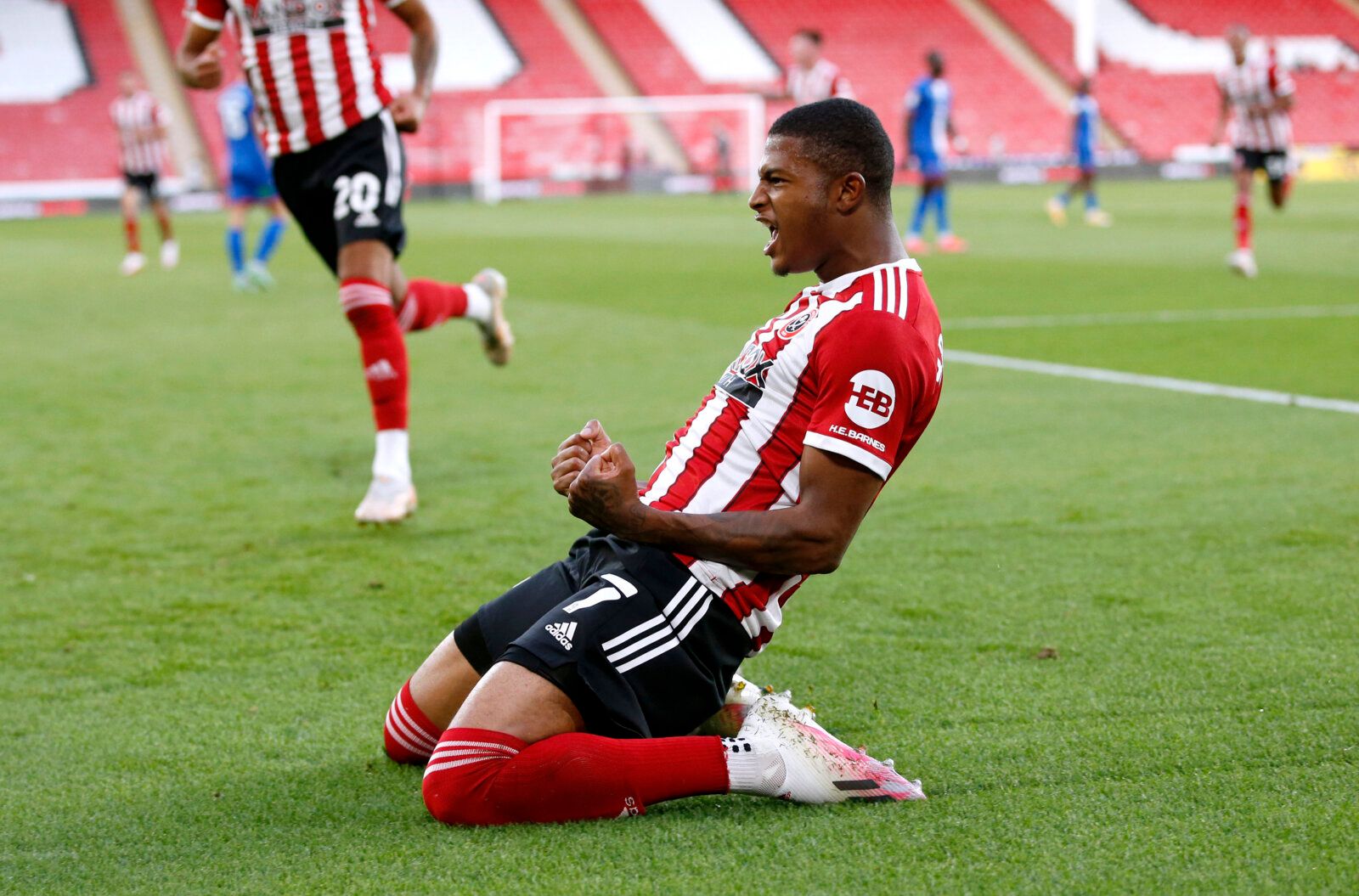 Soccer Football - Carabao Cup - First Round - Sheffield United v Carlisle United - Bramall Lane, Sheffield, Britain - August 10, 2021 Sheffield United's Rhian Brewster celebrates scoring their first goal Action Images/Ed Sykes EDITORIAL USE ONLY. No use with unauthorized audio, video, data, fixture lists, club/league logos or 'live' services. Online in-match use limited to 75 images, no video emulation. No use in betting, games or single club /league/player publications.  Please contact your acc