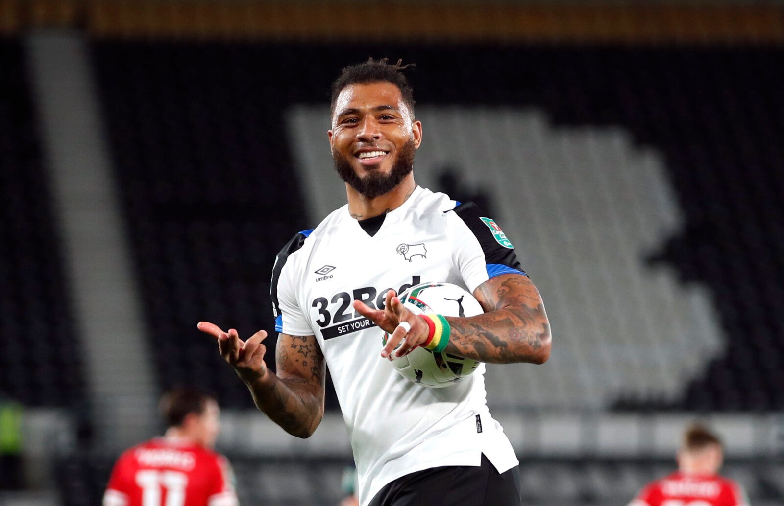 Soccer Football - Carabao Cup - First Round - Derby County v Salford City - Pride Park, Derby, Britain - August 10, 2021 Derby County’s Colin Kazim Richards celebrates scoring their second goal Action Images/Peter Cziborra EDITORIAL USE ONLY. No use with unauthorized audio, video, data, fixture lists, club/league logos or 'live' services. Online in-match use limited to 75 images, no video emulation. No use in betting, games or single club /league/player publications.  Please contact your account