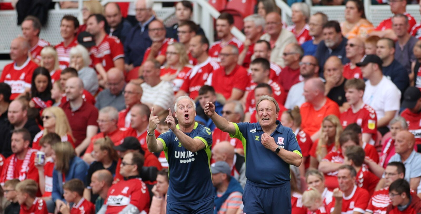 Soccer Football - Championship - Middlesbrough v Bristol City - Riverside Stadium, Middlesbrough, Britain - August 14, 2021 Middlesbrough's manager Neil Warnock and his assistant manager Kevin Blackwell react Action Images/Lee Smith EDITORIAL USE ONLY. No use with unauthorized audio, video, data, fixture lists, club/league logos or 'live' services. Online in-match use limited to 75 images, no video emulation. No use in betting, games or single club /league/player publications.  Please contact yo
