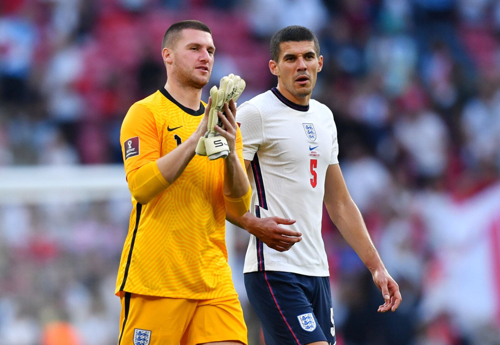 Soccer Football - World Cup - UEFA Qualifiers - Group I - England v Andorra - Wembley Stadium, London, Britain - September 5, 2021  England's Sam Johnstone celebrates with Conor Coady after the match REUTERS/Dylan Martinez