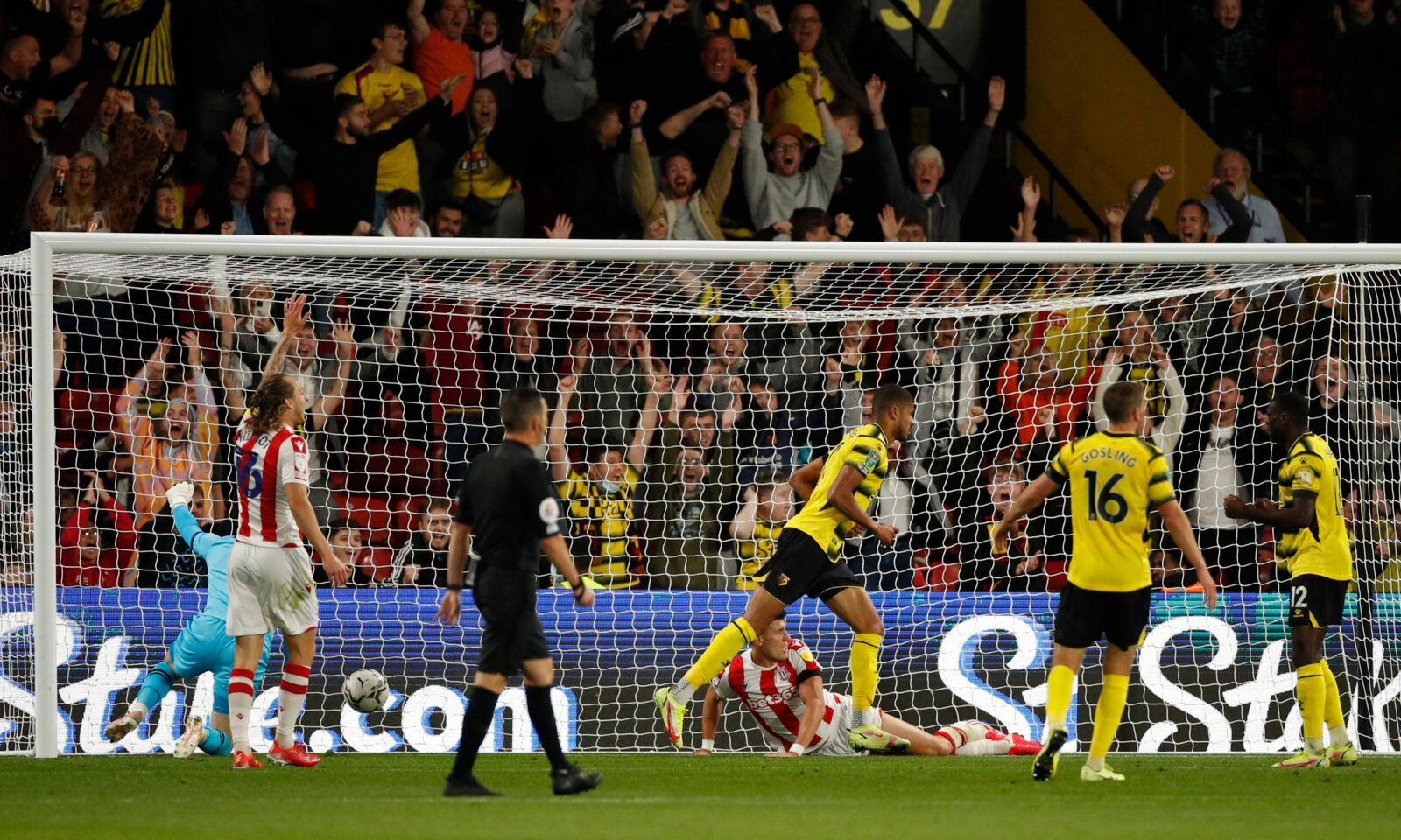 Soccer Football - Carabao Cup - Third Round - Watford v Stoke City - Vicarage Road, Watford, Britain - September 21, 2021 Watford's Ashley Fletcher celebrates scoring their first goal Action Images via Reuters/Andrew Boyers EDITORIAL USE ONLY. No use with unauthorized audio, video, data, fixture lists, club/league logos or 'live' services. Online in-match use limited to 75 images, no video emulation. No use in betting, games or single club /league/player publications.  Please contact your accoun