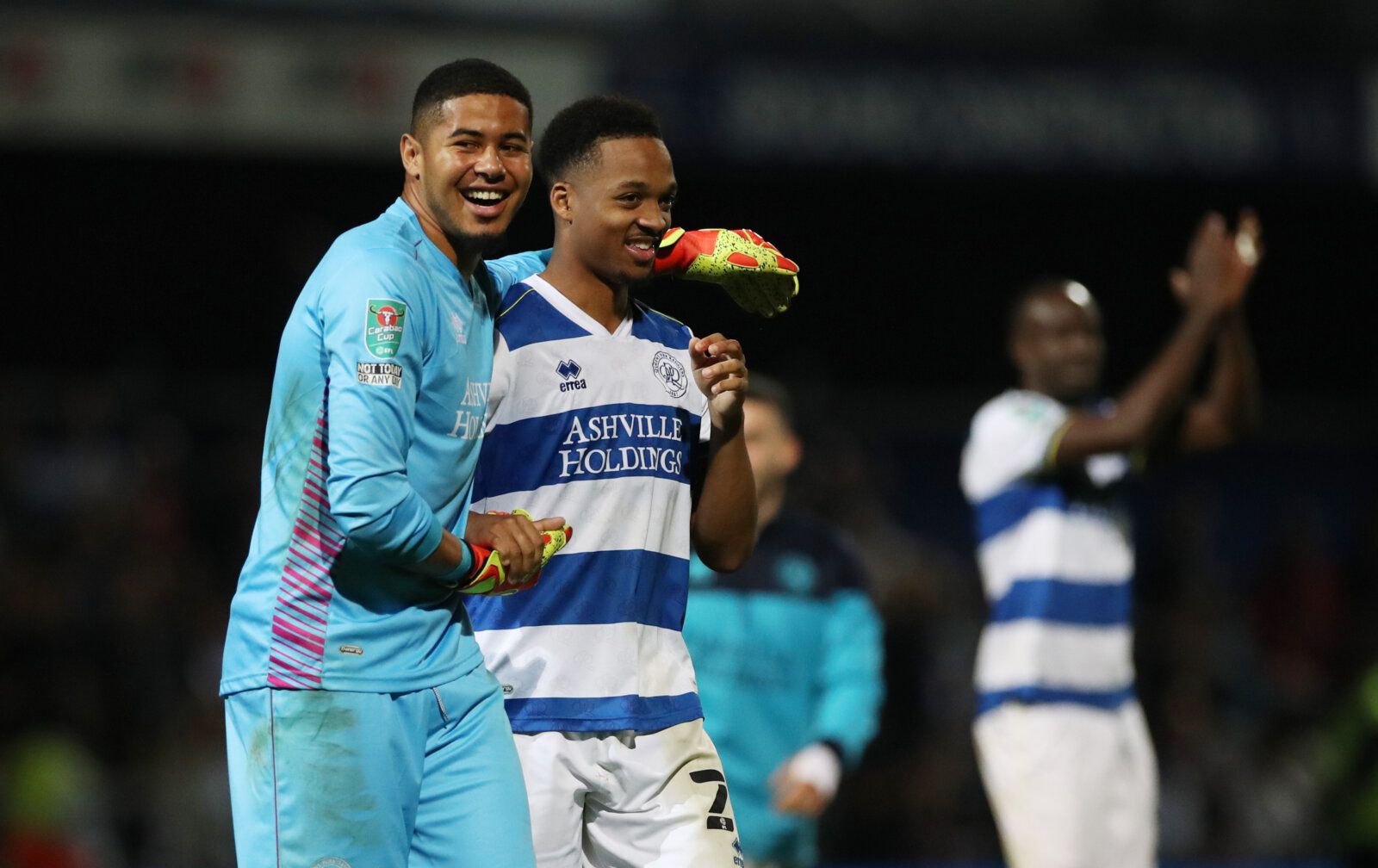 Soccer Football - Carabao Cup - Third Round - Queens Park Rangers v Everton - Loftus Road, London, Britain - September 21, 2021  Queens Park Rangers' Timothy Dieng and Chris Willock celebrate after winning the penalty shoot-out Action Images via Reuters/Peter Cziborra EDITORIAL USE ONLY. No use with unauthorized audio, video, data, fixture lists, club/league logos or 'live' services. Online in-match use limited to 75 images, no video emulation. No use in betting, games or single club /league/pla