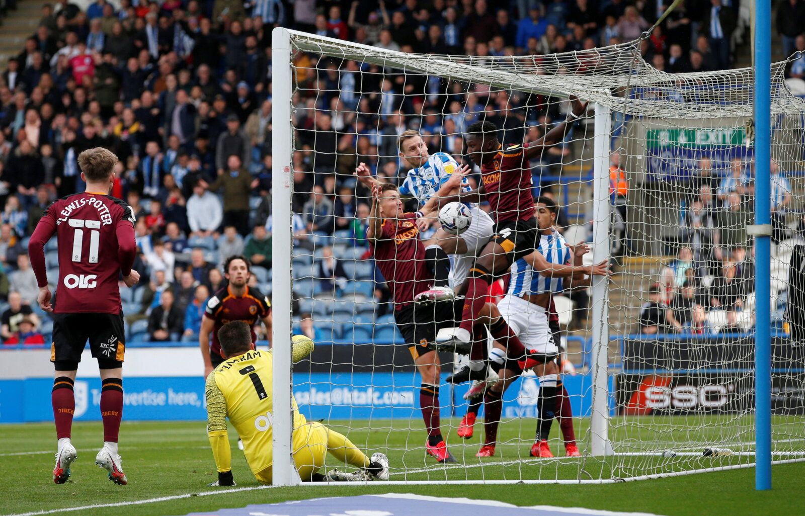 Soccer Football - Championship - Huddersfield Town v Hull City - John Smith's Stadium, Huddersfield, Britain - October 16, 2021 Huddersfield Town's Tom Lees scores their first goal   Action Images/Ed Sykes  EDITORIAL USE ONLY. No use with unauthorized audio, video, data, fixture lists, club/league logos or 