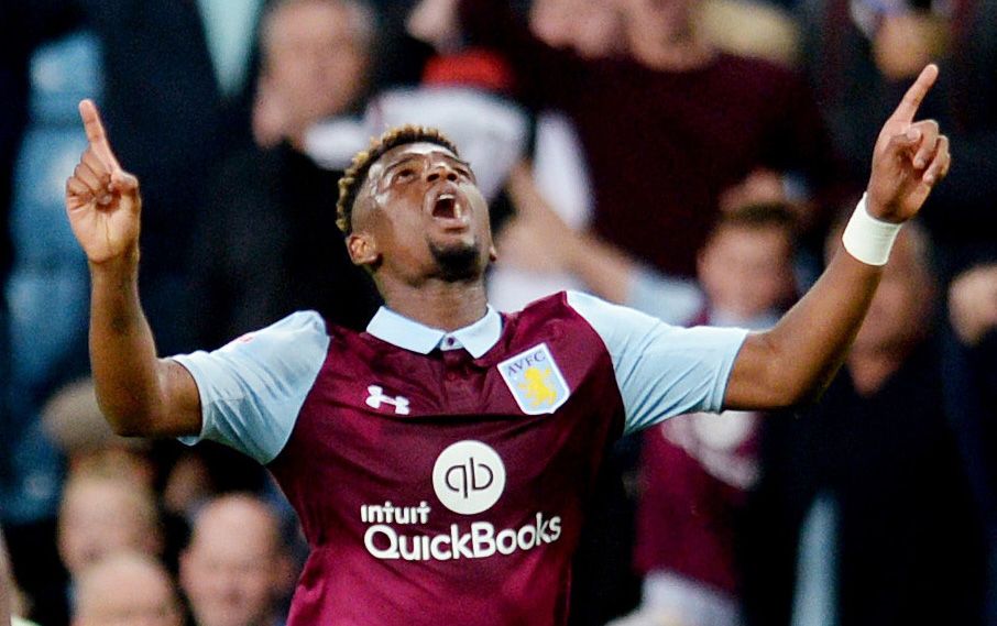 Britain Football Soccer - Aston Villa v Newcastle United - Sky Bet Championship - Villa Park - 24/9/16
Aston Villa's Aaron Tshibola celebrates scoring their first goal 
Mandatory Credit: Action Images / Alan Walter
Livepic
EDITORIAL USE ONLY. No use with unauthorized audio, video, data, fixture lists, club/league logos or 