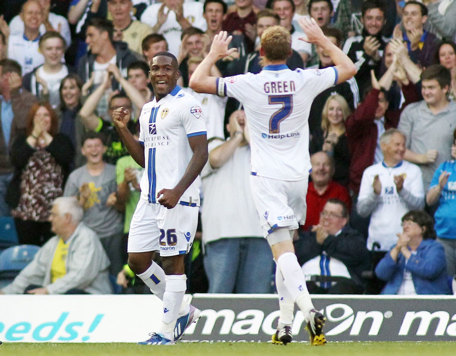 Football - Leeds United v Chesterfield - Capital One Cup First Round - Elland Road - 7/8/13 
Dominic Poleon (L) celebrates after scoring the second goal for Leeds United 
Mandatory Credit: Action Images / Ed Sykes 
Livepic 
EDITORIAL USE ONLY 
No use with unauthorized audio, video, data, fixture lists, club/league logos or live services. Online in-match use limited to 45 images, no video emulation. No use in betting, games or single club/league/player publications.  Please contact your account r