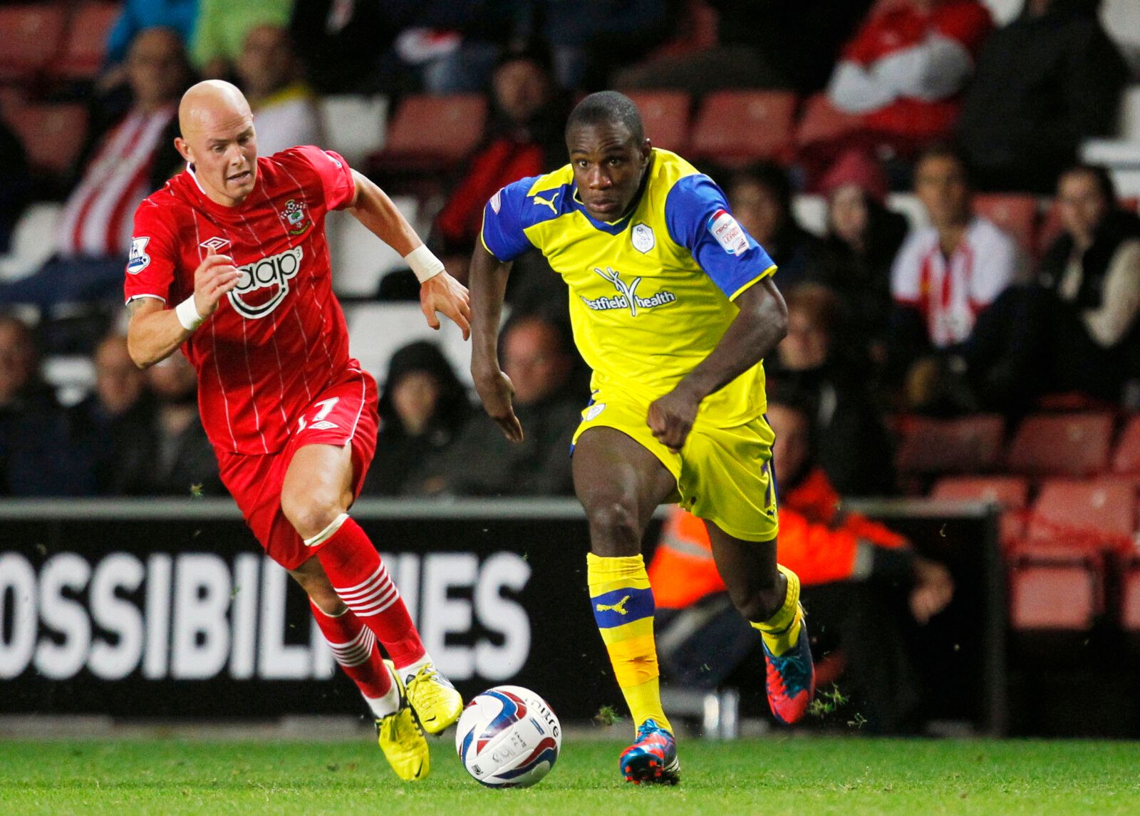 Football - Southampton v Sheffield Wednesday - Capital One Cup Third Round  - St Mary's Stadium - 25/9/12 
Southampton's Richard Chaplow (L) in action with Sheffield Wednesday's Michail Antonio  
Mandatory Credit: Action Images / James Benwell 
Livepic  
EDITORIAL USE ONLY. No use with unauthorized audio, video, data, fixture lists, club/league logos or live services. Online in-match use limited to 45 images, no video emulation. No use in betting, games or single club/league/player publications.