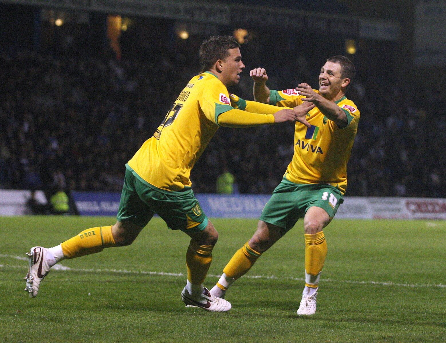 Football - Gillingham v Norwich City Johnstone's Paint Trophy Southern Section Second Round  - Priestfield - 09/10 - 6/10/09 
Cody McDonald of Norwich celebrates scoring the first goal with team mate Jamie Cureton (R) 
Mandatory Credit: Action Images / Matthew Childs 
Livepic